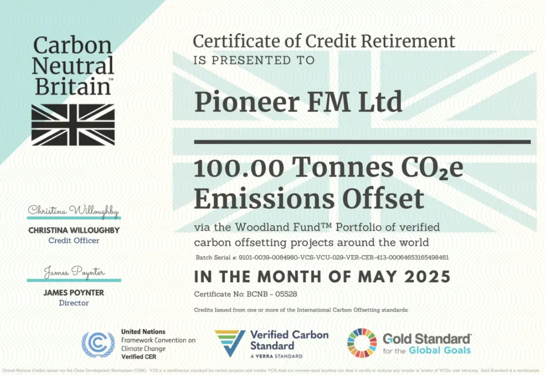 Pioneer FM carbon offset certificate Carbon Neutral Britain