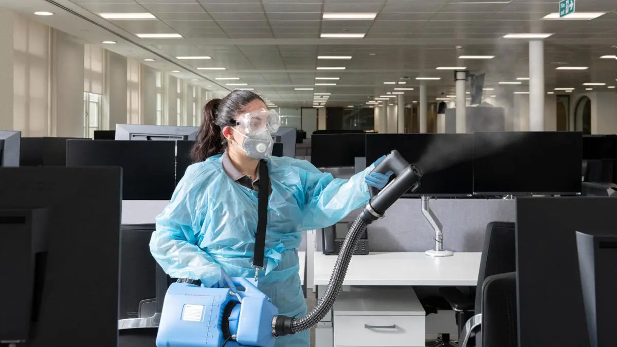 Specialist commercial cleaning using fogging equipment in high-security office environment – Pioneer FM UK